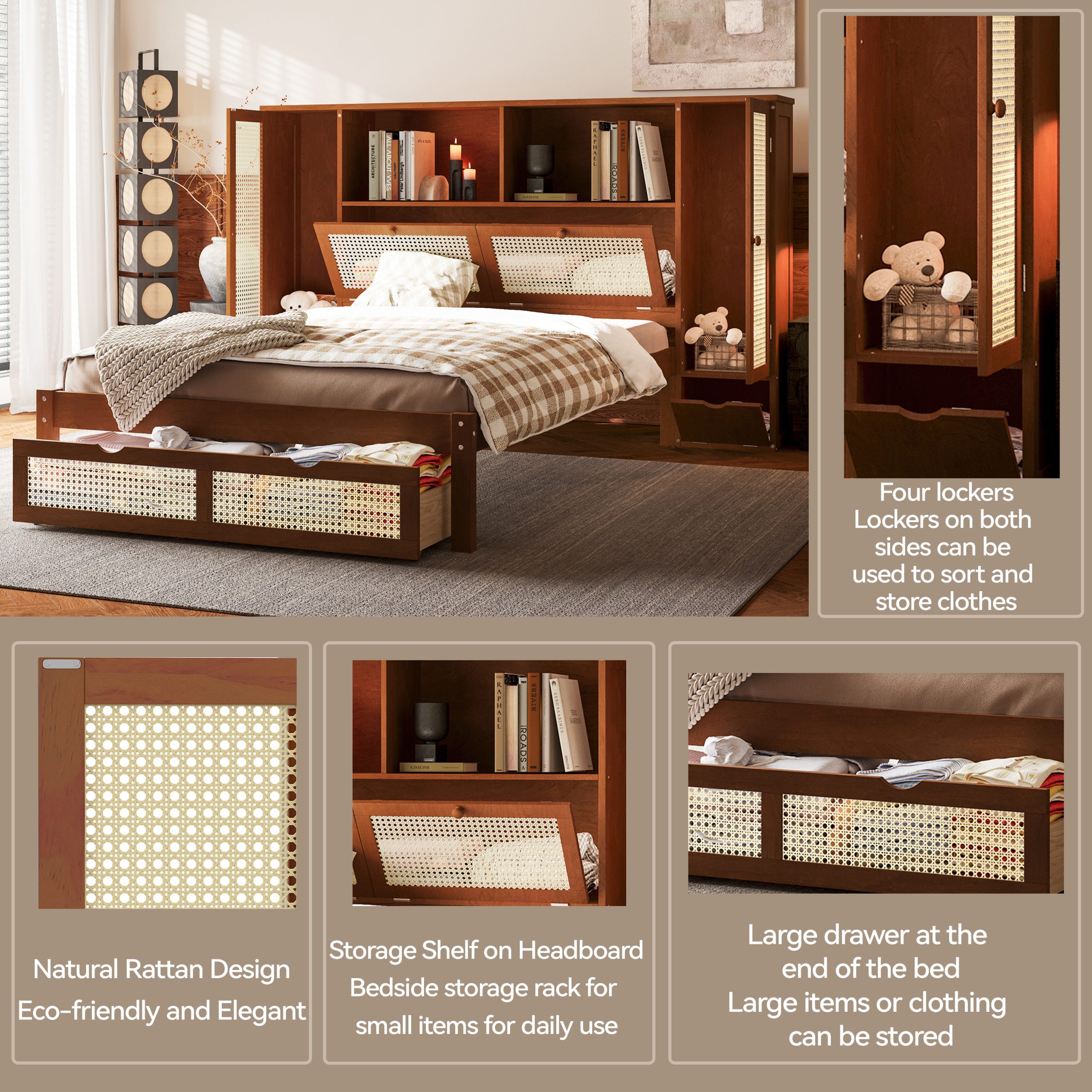 Twin Size Wooden Bed with Two Storage Lockers, Drawer, and Storage Shelf on Headboard 5 Twin Size Wooden Bed with Two Storage Lockers, Drawer, and Storage Shelf on Headboard