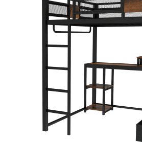 Metal Queen Loft Bed With Desk, Storage Non-woven Fabric Drawers, Ladders