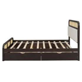 Queen Size Wooden Platform Bed With Trundle And 2 Drawers