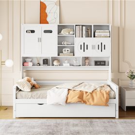 Twin Size Wooden Daybed With Twin Size Trundle, and All-in-One Cabinet and Shelf