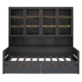 Twin Size Wooden Daybed With Glass-door Storage Cabinets, Built-in LED Lighting And Shelves