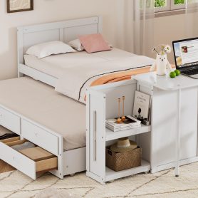 Twin Size Multifunctional Wood Platform Bed With Desk and Storage Shelf At The End Of The Bed, Built-in Trundle and 3 Drawers