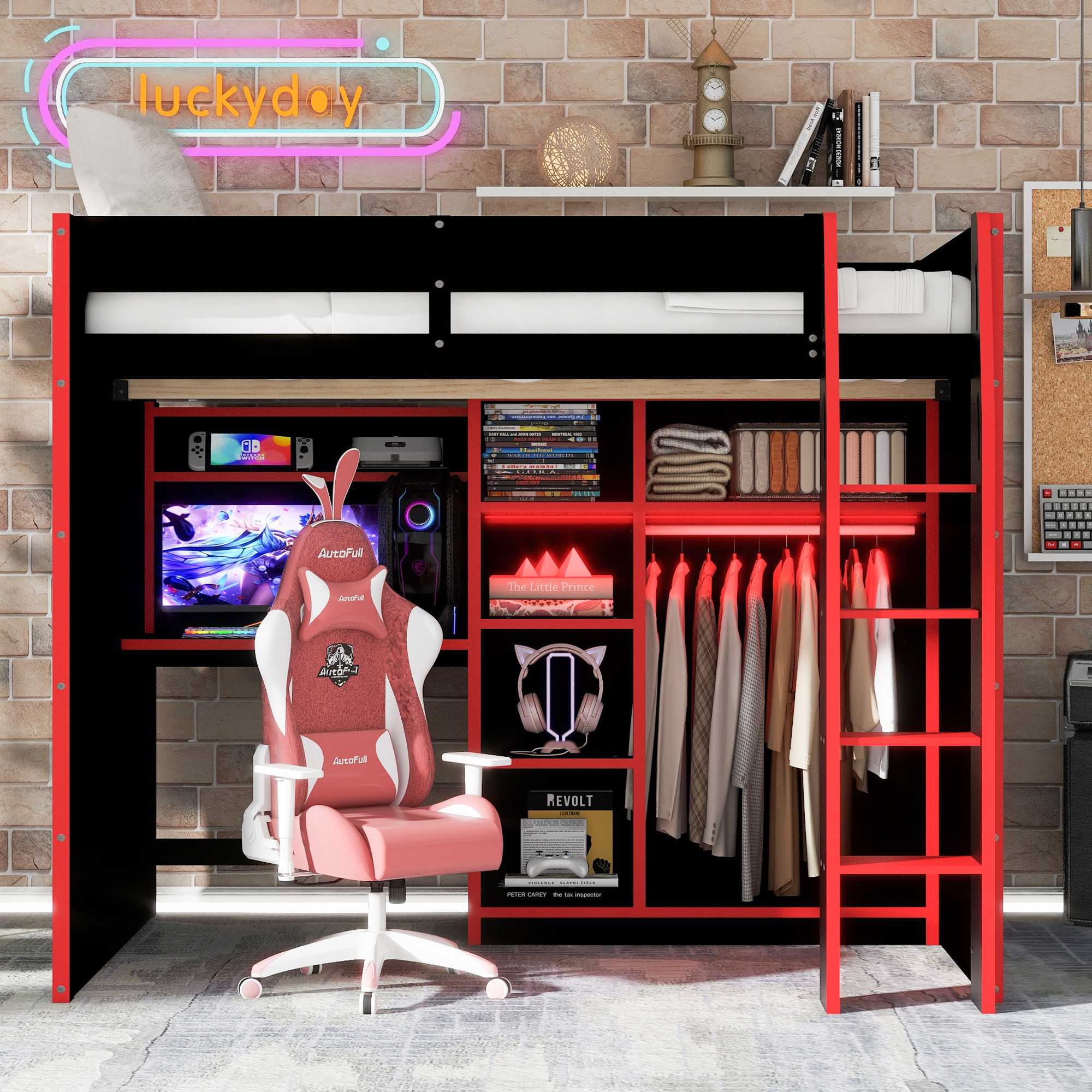 Full Size Wood Loft Bed with Desk, Open Wardrobe, Storage Compartments and RGB Lights