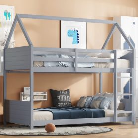 Rubber Wood Twin Over Twin House Floor Bunk Bed With Headboards, Footboards, Guardrails And Ladder 22 Rubber Wood Twin Over Twin House Floor Bunk Bed With Headboards, Footboards, Guardrails And Ladder