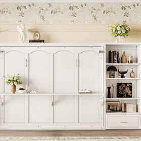 Queen Murphy Bed with Height Adjustable Storage Compartments and Shelf