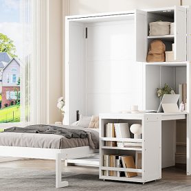 Twin Size Rotating Wall Murphy Beds with Bookshelf, Top Cabinet, Extendable Desk & Side Storage