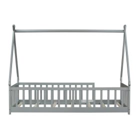Twin Tent-shaped Teepee Bed with Guardrails, Slats