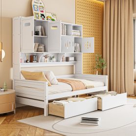 Twin Size Wooden Daybed With 2 Drawers, and All-in-One Cabinet and Shelf