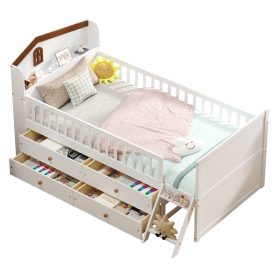 Twin Bed Frame With Storage 4 Drawers, Guardrail Headboard And Ladder