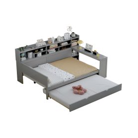 Wooden Full Size Daybed With Storage Shelves, Twin Size Trundle Bed and  Study Desk