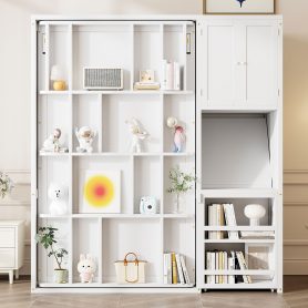 Twin Size Rotating Wall Murphy Beds with Bookshelf, Top Cabinet, Extendable Desk & Side Storage