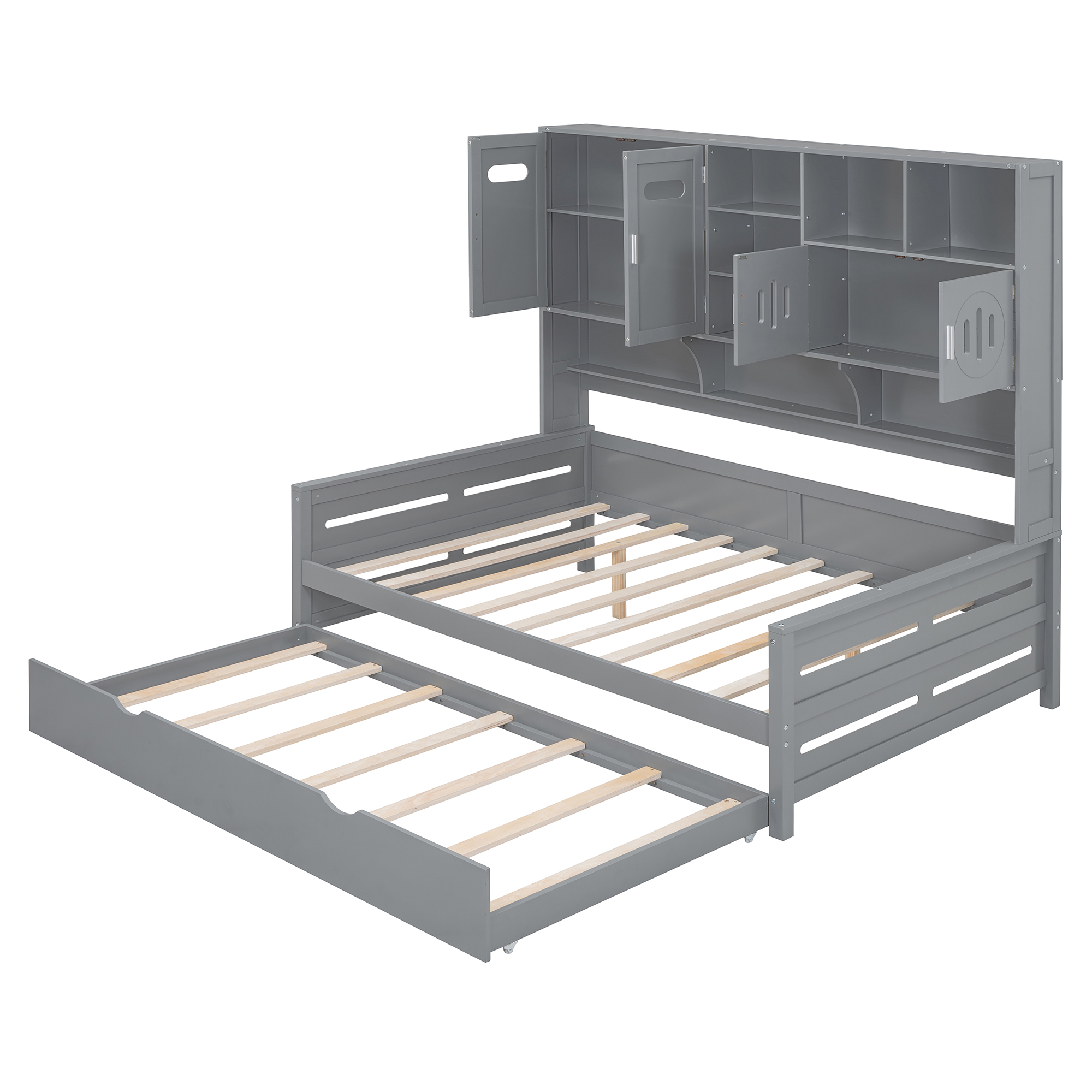 Full Size Wooden Daybed With Twin Size Trundle, and All-in-One Cabinet and Shelf 12 Full Size Wooden Daybed With Twin Size Trundle, and All-in-One Cabinet and Shelf