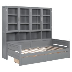 Twin Size Wooden Daybed With Glass-door Storage Cabinets, Built-in LED Lighting And Shelves