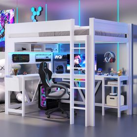 Wood Full Size Gaming Loft Bed with Desk, Storage Shelves, LED and Charging Station