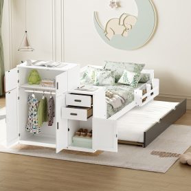 Twin Size Wood Platform Bed With Sample Bookshelf And Movable Wardrobe, Built-in Trundle Bed