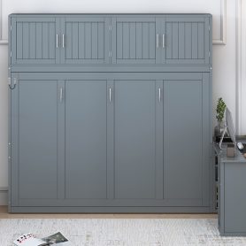 Queen Size Wall Murphy Bed With Desk And Storage Shelves And Big Cabinets