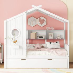 Wooden Twin Size House Bed With Trundle and Storage Shlef