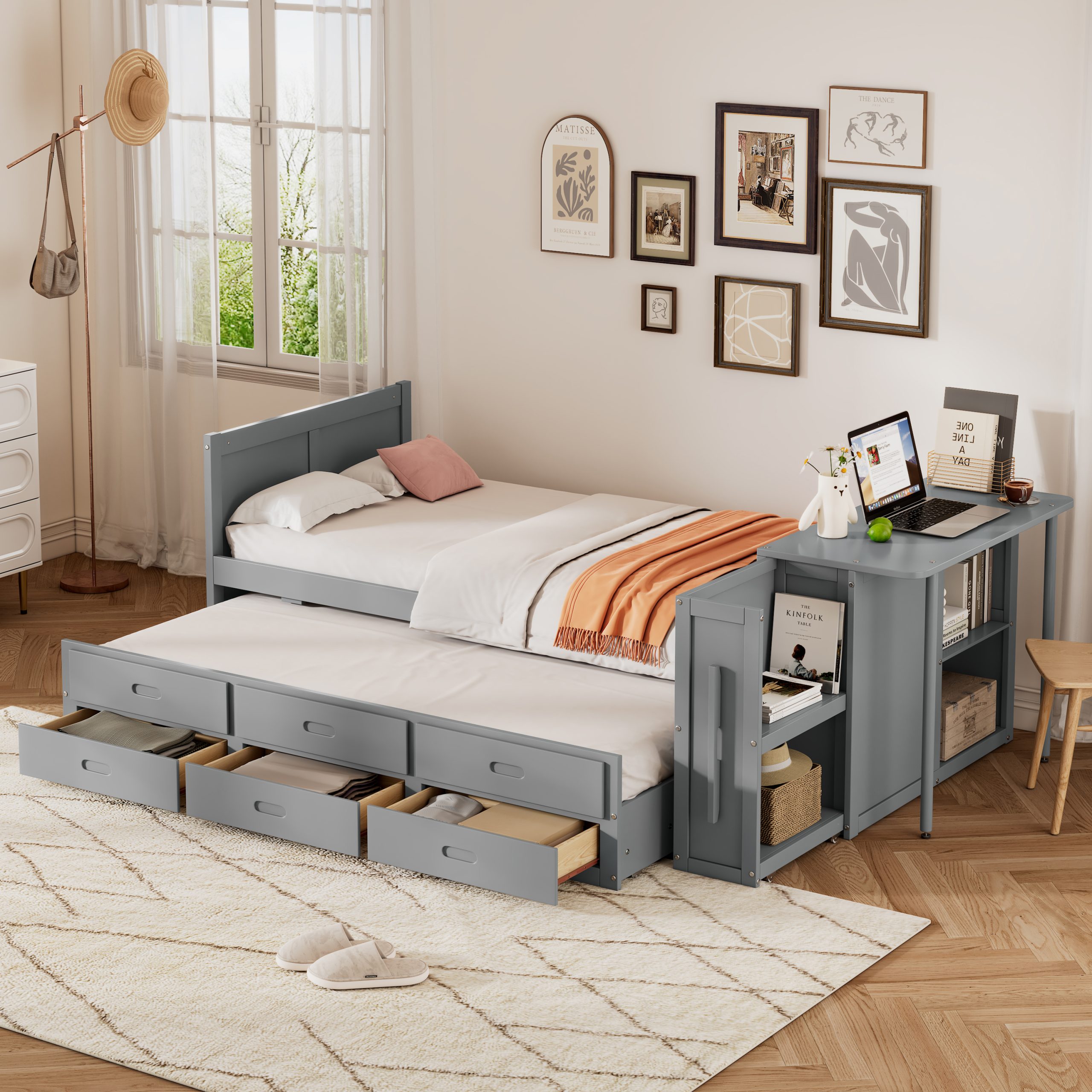 Twin Size Multifunctional Wood Platform Bed With Desk and Storage Shelf At The End Of The Bed, Built-in Trundle and 3 Drawers