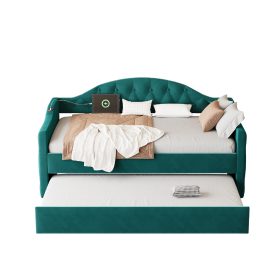 Twin Size Tufted Upholstered Daybed With Trundle, USB & Type-c Charging Ports