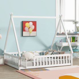 Full Size Rubber Wood Tent-shaped Floor Bed with Guardrails, Slats And Door