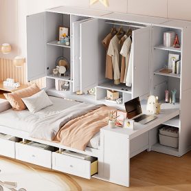 Full Size Wooden Daybed With Three Drawers, and All-in-One Cabinet, Desk and Shelves