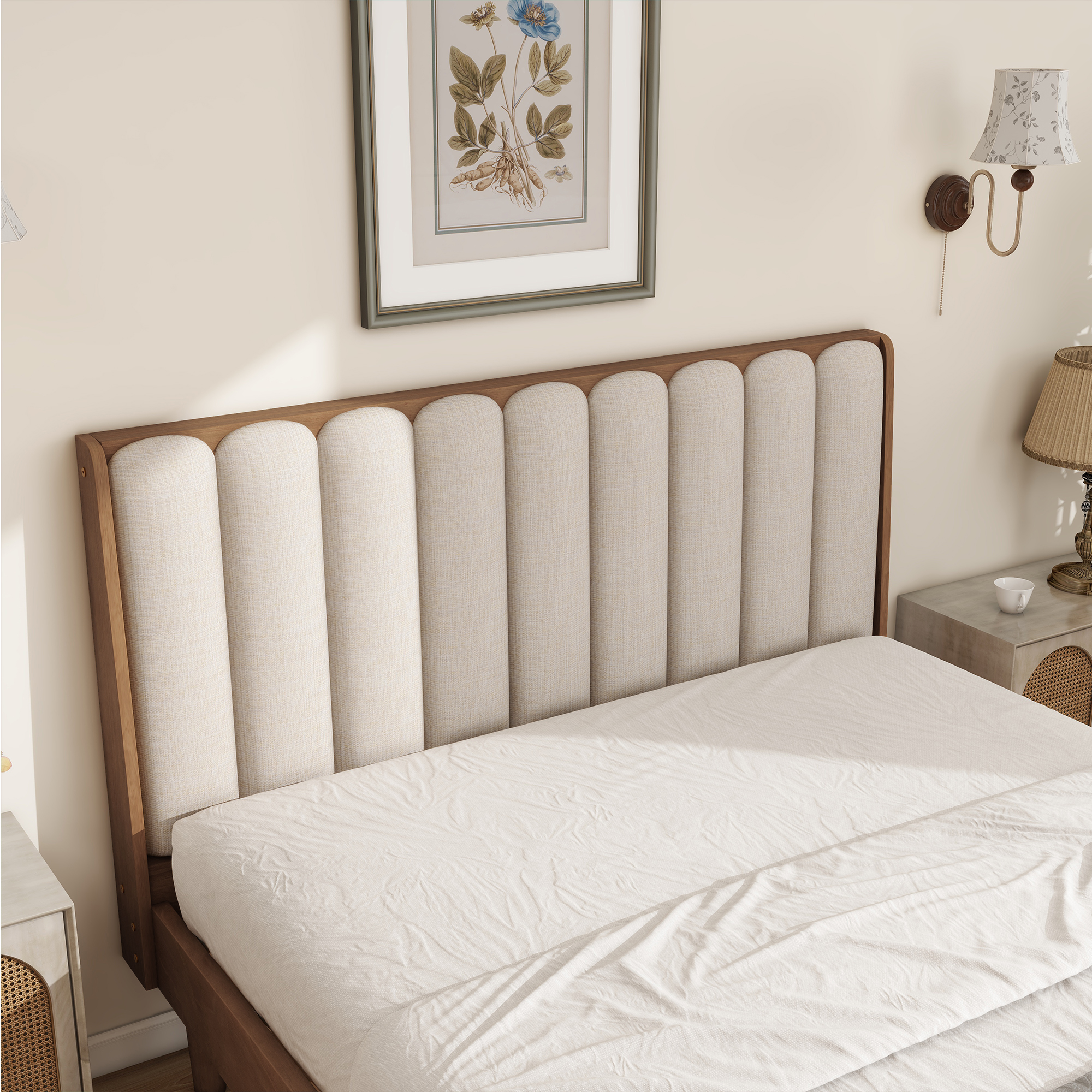 Queen Size Wood Bed with Piano Key Style Upholstered Headboard