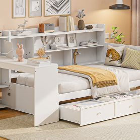 Twin Size Wooden Daybed With 3 Drawers, USB Ports And Desk