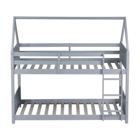 Twin Over Twin House Floor Bunk Bed with Headboards, Footboards and Guardrails, Ladder