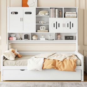 Twin Size Wooden Daybed With Twin Size Trundle, and All-in-One Cabinet and Shelf