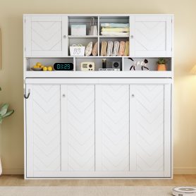 Queen Size Wall Murphy Bed With Ample Storage Space And Chevron Stripes