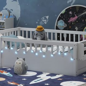 Full Montessori Floor Bed Frame With High Rails, Light And Storage Shelf