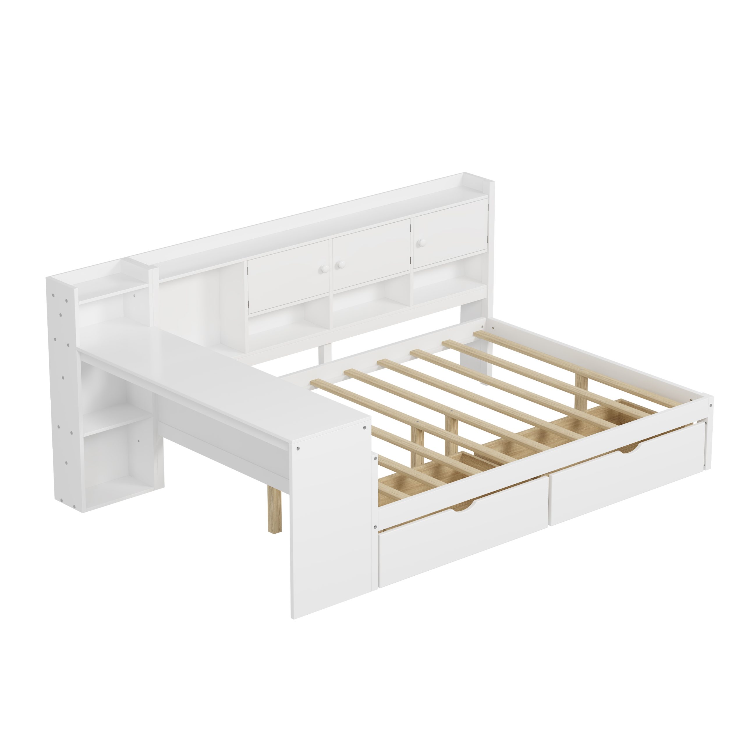 Full Size Wooden L-Shape Daybed with Seven Storage Cabinets and Two Storage Drawers 9 Wooden L-Shape Full Daybed Frame with Study Desk and Built-in Bookshelf