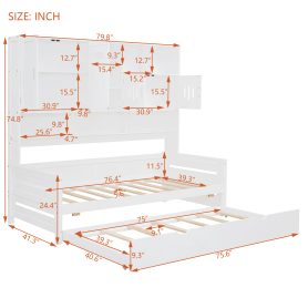 Twin Size Wooden Daybed With Twin Size Trundle, and All-in-One Cabinet and Shelf