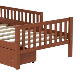 Twin Size Wood Platform Bed With Guardrails On Both Sides and Two Storage Drawers