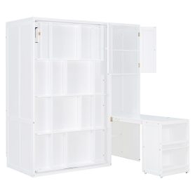 Twin Size Rotating Wall Murphy Beds with Bookshelf, Top Cabinet, Extendable Desk & Side Storage