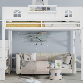 Metal Queen Loft Bed With High And House Shaped Guardrails