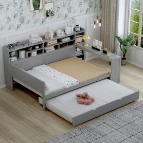 Wooden Full Size Daybed With Storage Shelves, Twin Size Trundle Bed and  Study Desk