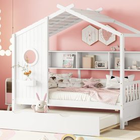 Wooden Twin Size House Bed With Trundle and Storage Shlef