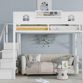 Metal Full Loft Bed with High and House Shaped Guardrails