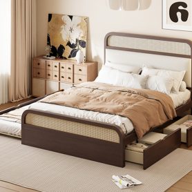 Queen Size Wooden Platform Bed With Trundle And 2 Drawers