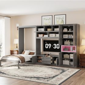 Twin Size Wooden Murphy Bed with TV Stand, 2 Drawers, Shelves, and Cabinets