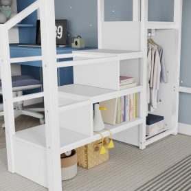 Metal Queen Loft Bed With High And House Shaped Guardrails