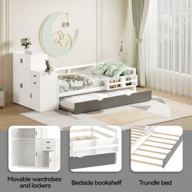 Twin Size Wood Platform Bed With Sample Bookshelf And Movable Wardrobe, Built-in Trundle Bed