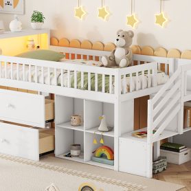 Wood Low Twin Size Loft Bed With LED, Bookshelf, Stairs, Storage Drawers And Shelves