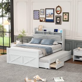 Full Size Wooden Bed With Storage Headboard With Outlets,  Twin Size Trundle With Three Storage Drawers