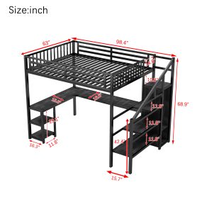 Metal Queen Size Loft Bed With L-Shaped Desk, USB, Wardrobe And LED Light