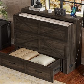 Full Size Farmhouse Murphy Cabinet Bed with Charging Station