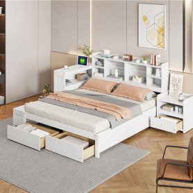 Full Size Wooden Platform Bed With Multi-functional Storage Space, Nightstand, 2 Drawers, Usb Ports And Desk
