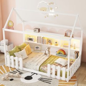 Wood Twin Size House Bed With LED Light, Storage Bookshelf, and Guardrails