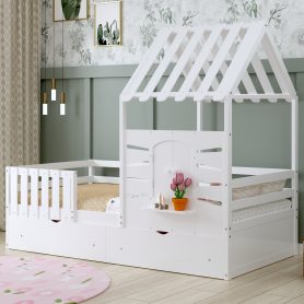 Twin Size House Bed With 2 Storage Drawers and Guardrails